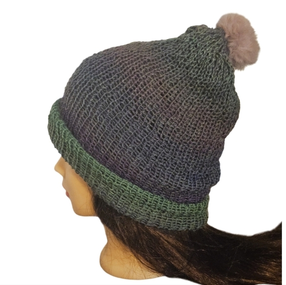 Hand Crafted Crochet beanie Handmade winter hat upcycled pom pom Ombrè purple - Picture 12 of 17